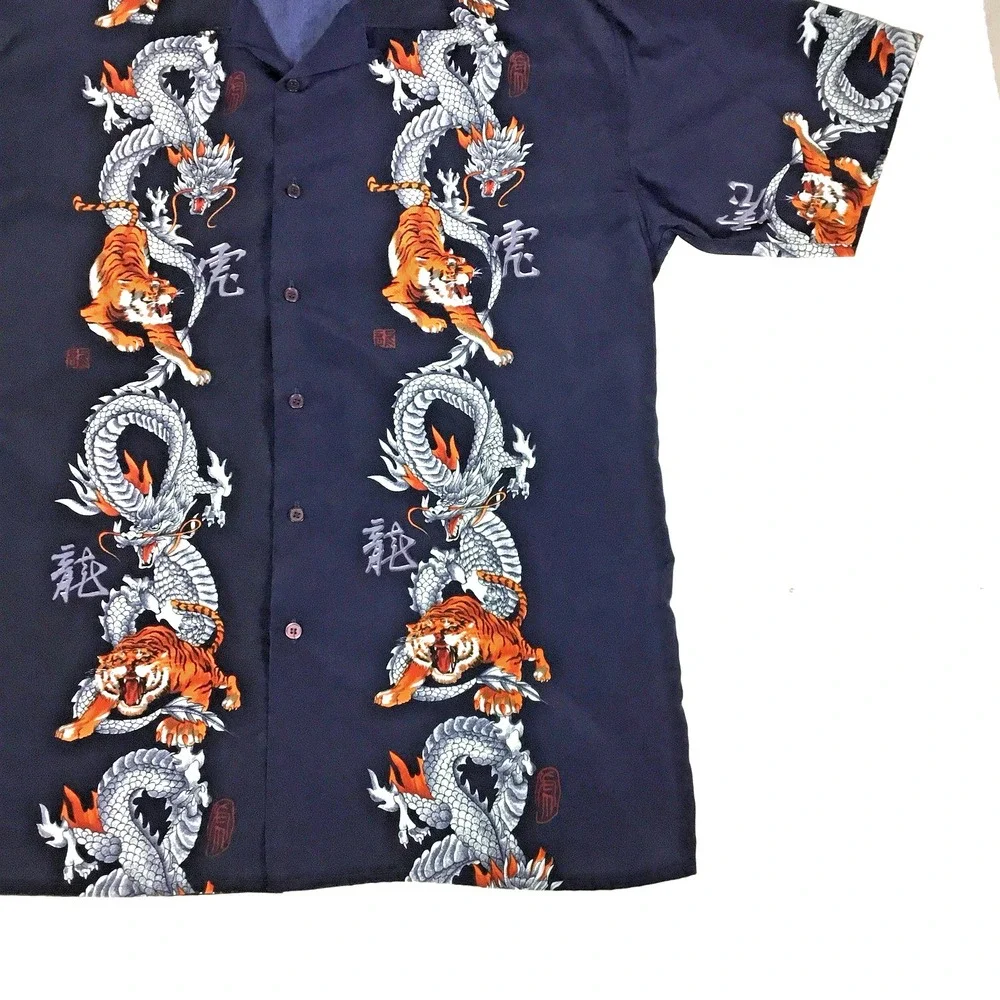 Canopy Mens XL Navy Blue Dragon Tiger Graphic Button Up Short Sleeve Camp Shirt‎